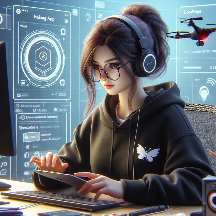 Cartoon girl DP with headphones, casual look, and smile.