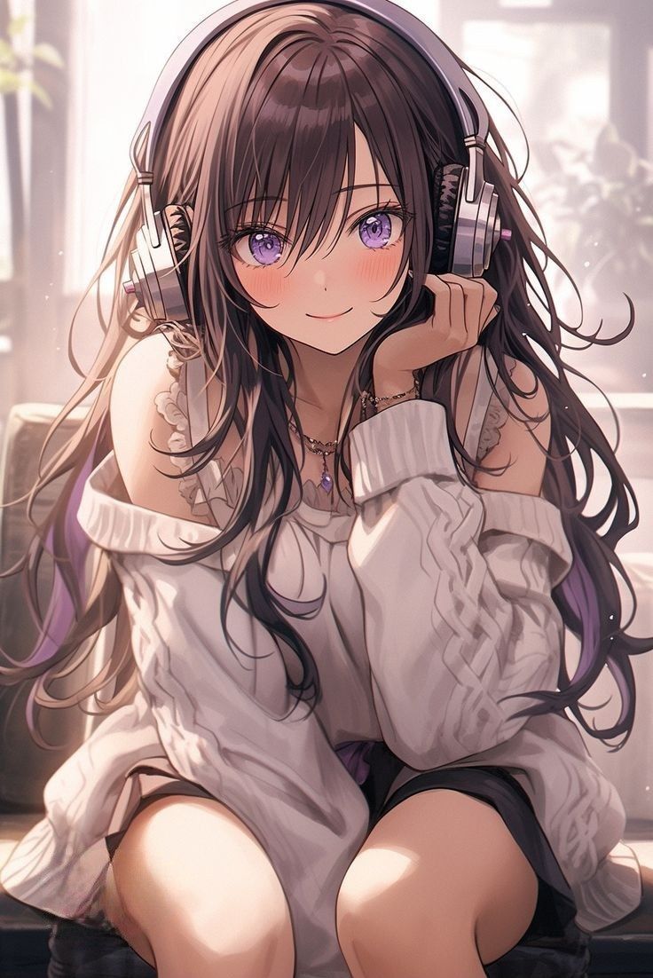 Instagram anime girl DP with headphones and bright smile.